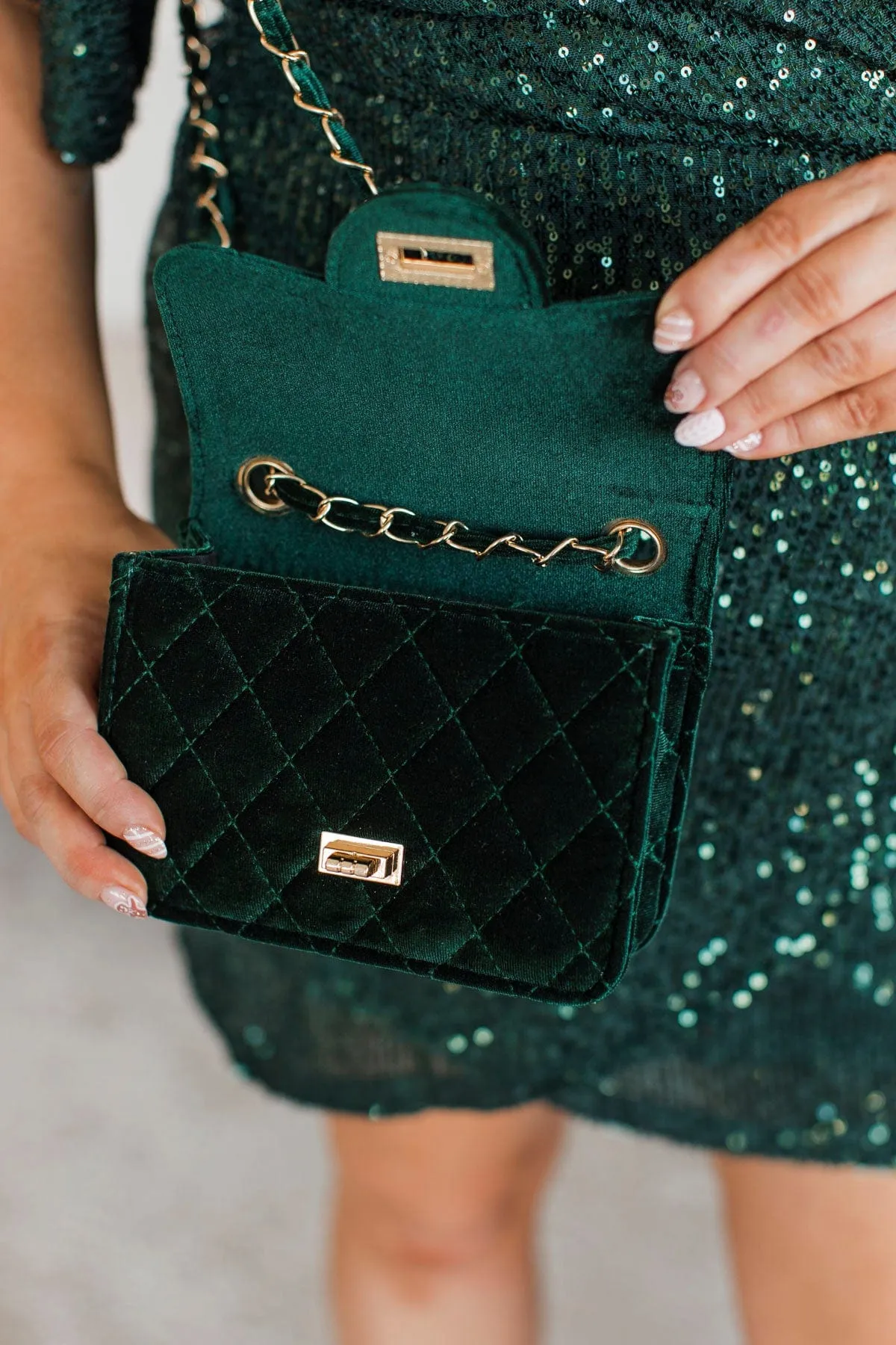 Always Trending Velvet Crossbody Purse- Hunter Green