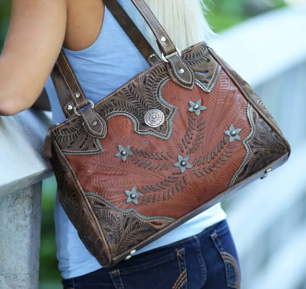 American West Handbag Desert Wildflower Collection: Leather Western Multi Compartment Organizer Tote