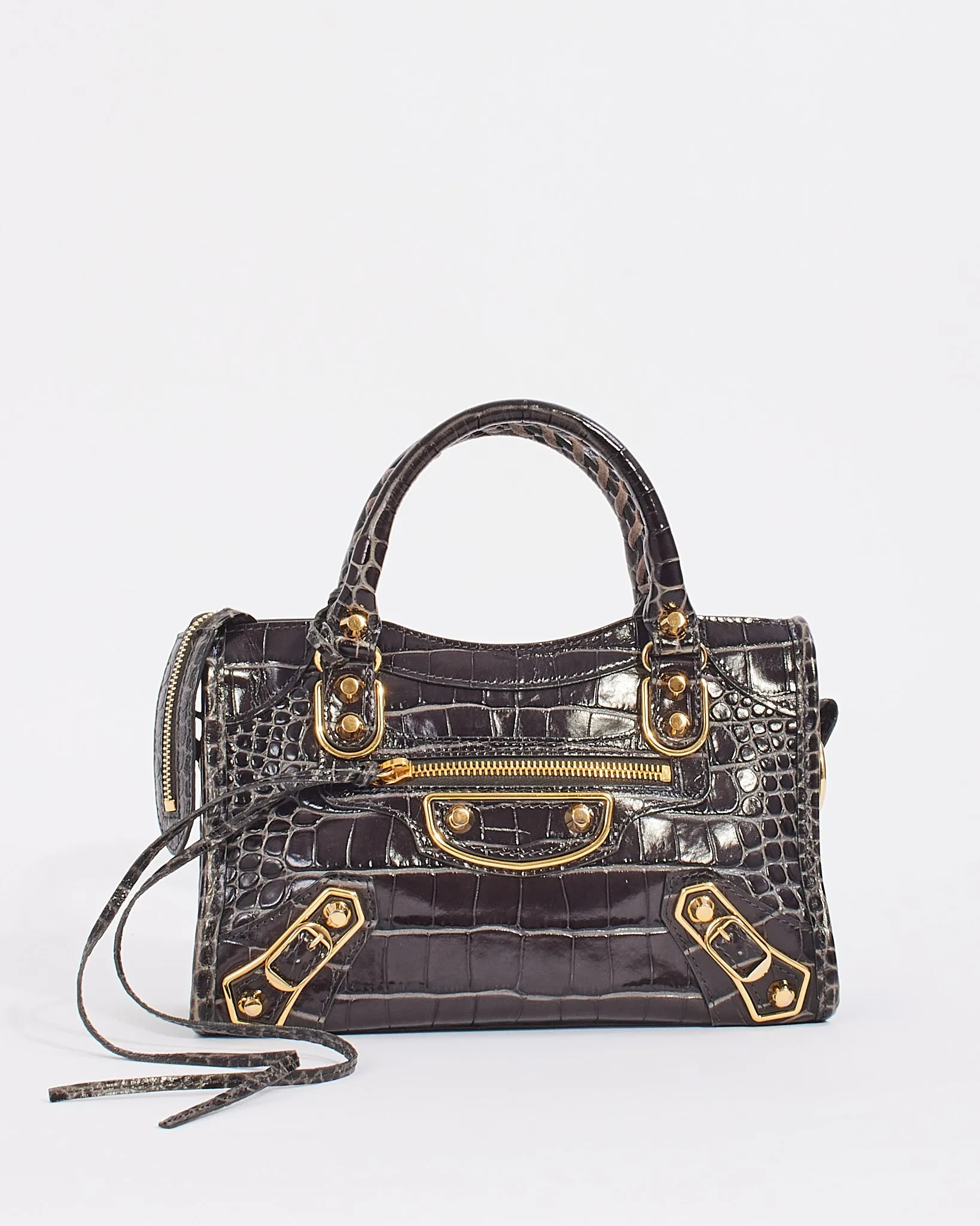 Balenciaga Black Croc Embossed Motocross Metallic Edge Mini City Bag