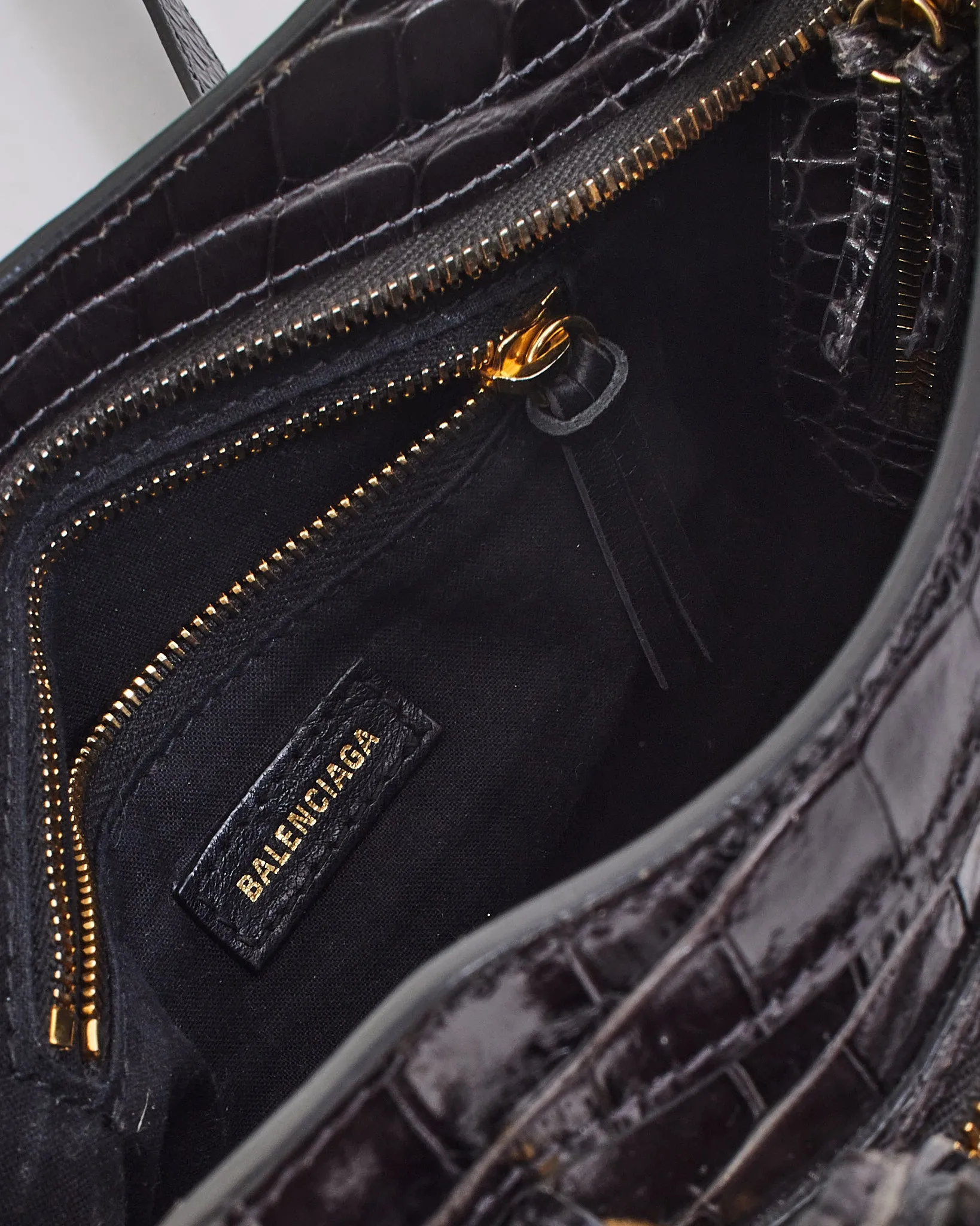 Balenciaga Black Croc Embossed Motocross Metallic Edge Mini City Bag