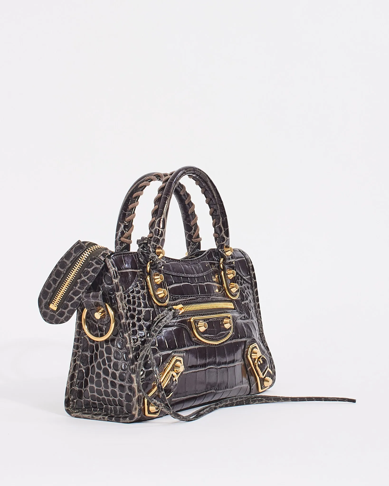 Balenciaga Black Croc Embossed Motocross Metallic Edge Mini City Bag