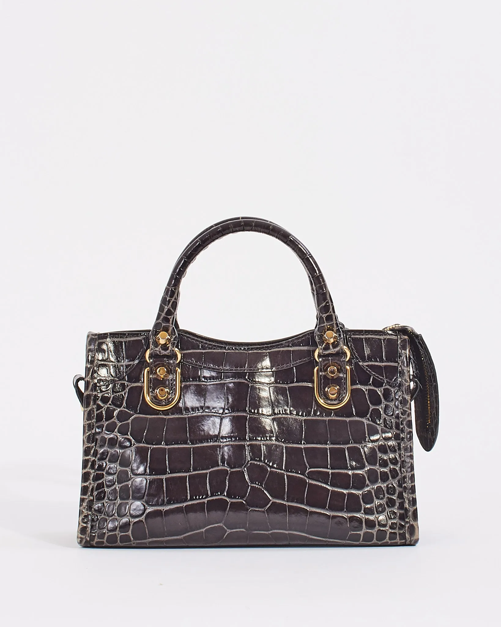 Balenciaga Black Croc Embossed Motocross Metallic Edge Mini City Bag
