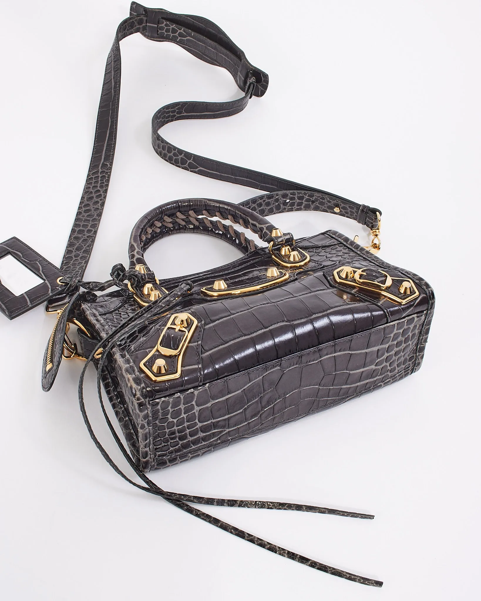 Balenciaga Black Croc Embossed Motocross Metallic Edge Mini City Bag