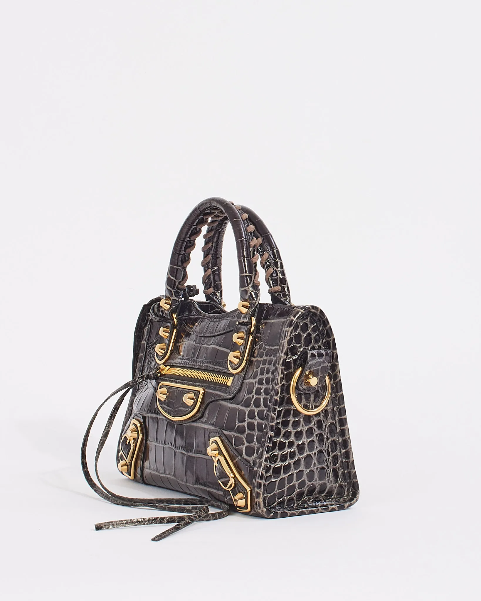 Balenciaga Black Croc Embossed Motocross Metallic Edge Mini City Bag