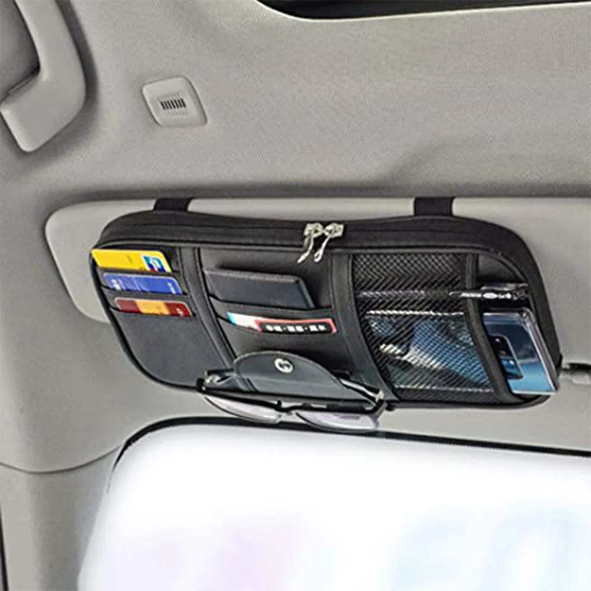 Car Sun Visor Organizer Auto Car Visor Pocket and Interior Accessories Car Truck Visor Storage Pouch Holder with Multi-Pocket Net Zippers