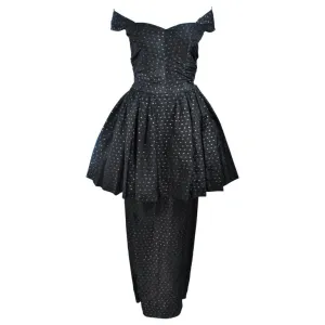CEIL CHAPMAN Black and Gold Metallic Gown with Peplum Size 2-4