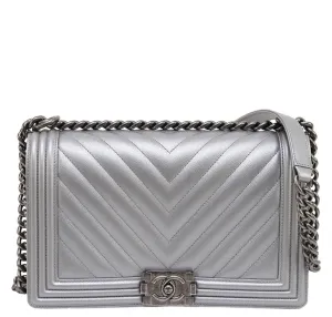 Chanel Metallic Grey Silver Boy Bag Caviar Leather
