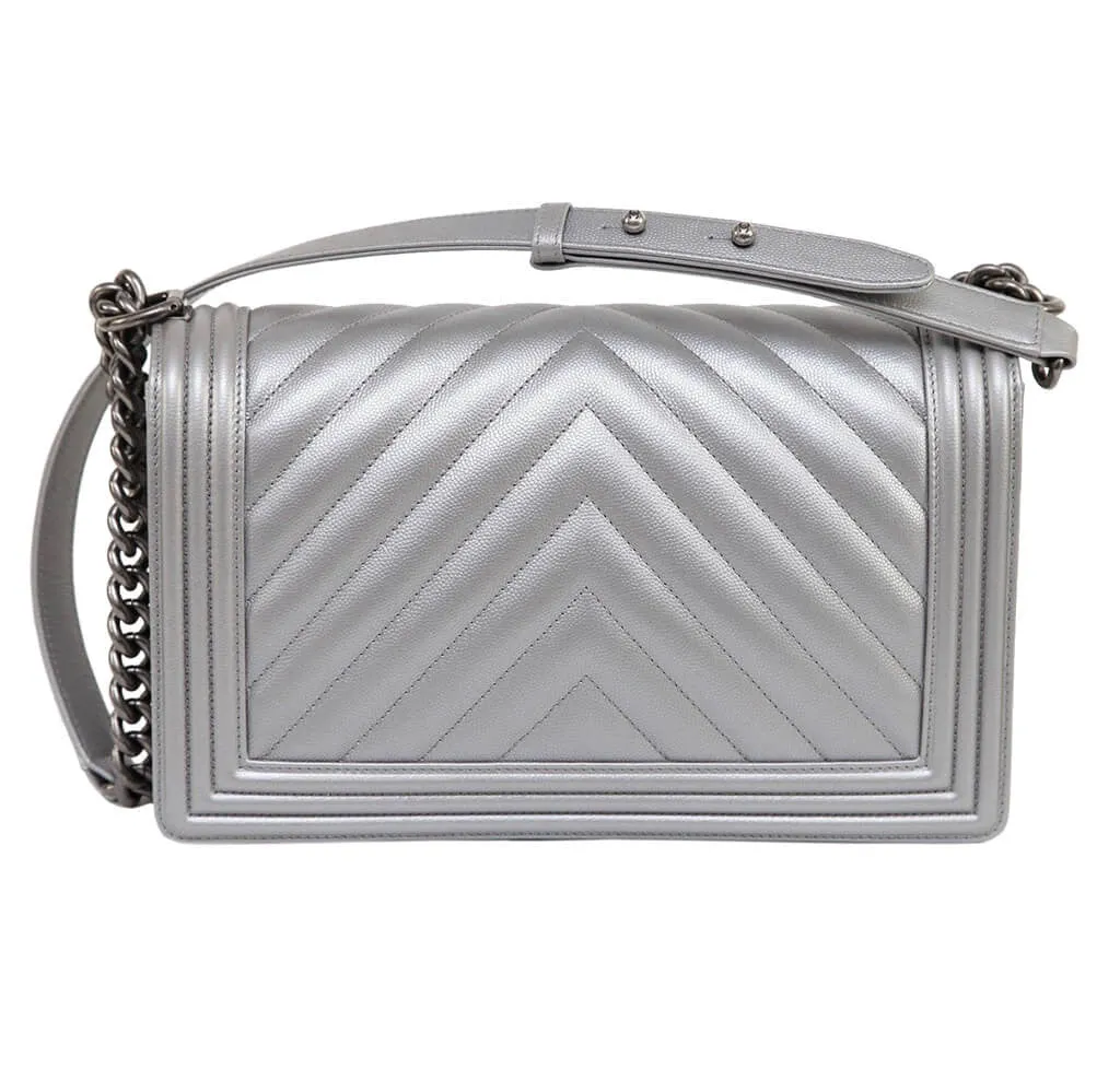 Chanel Metallic Grey Silver Boy Bag Caviar Leather