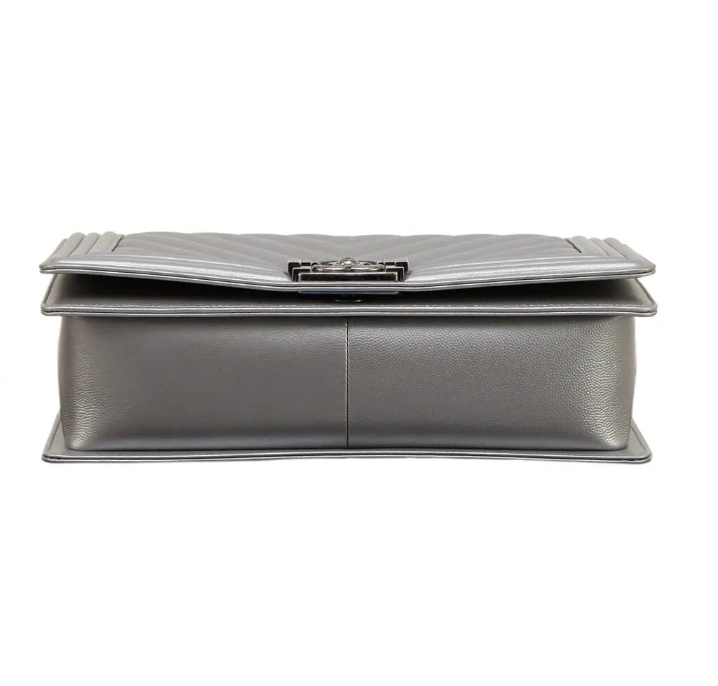 Chanel Metallic Grey Silver Boy Bag Caviar Leather