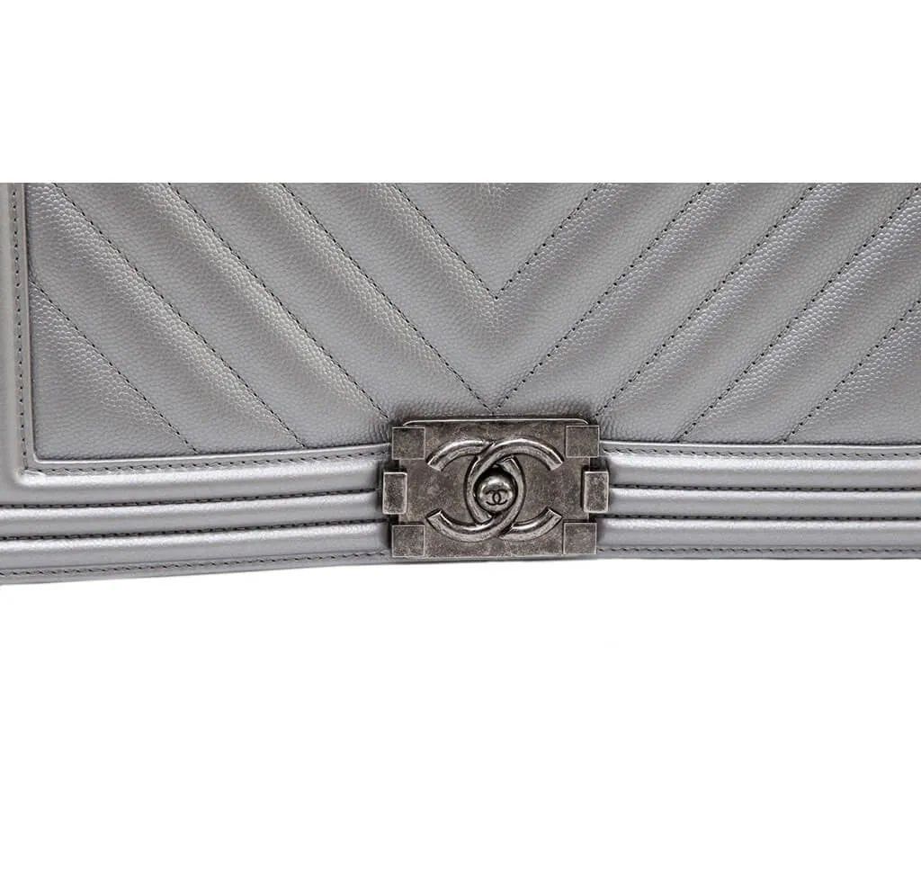 Chanel Metallic Grey Silver Boy Bag Caviar Leather