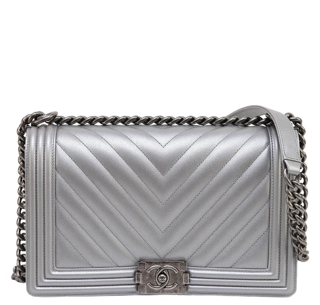 Chanel Metallic Grey Silver Boy Bag Caviar Leather