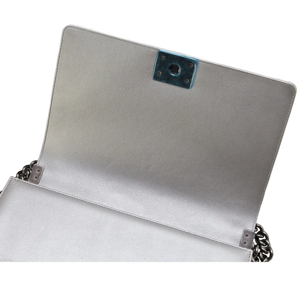 Chanel Metallic Grey Silver Boy Bag Caviar Leather