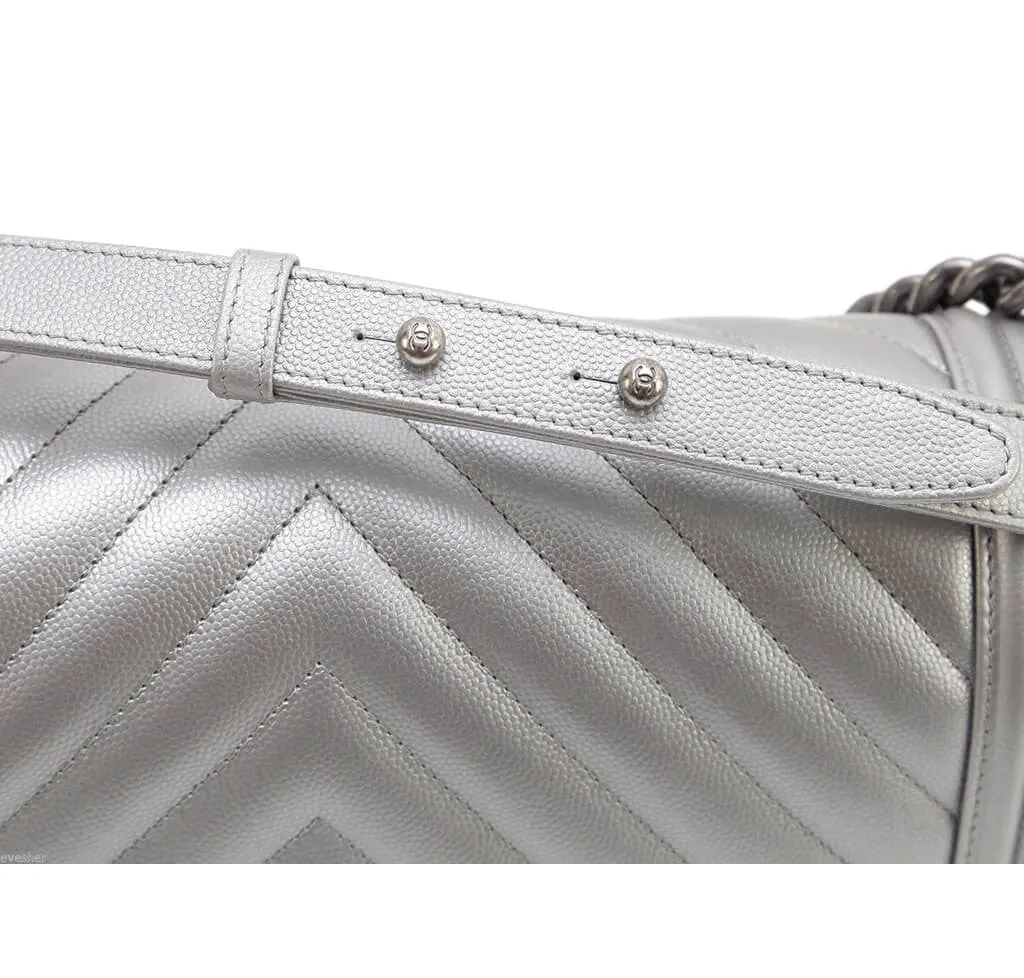 Chanel Metallic Grey Silver Boy Bag Caviar Leather