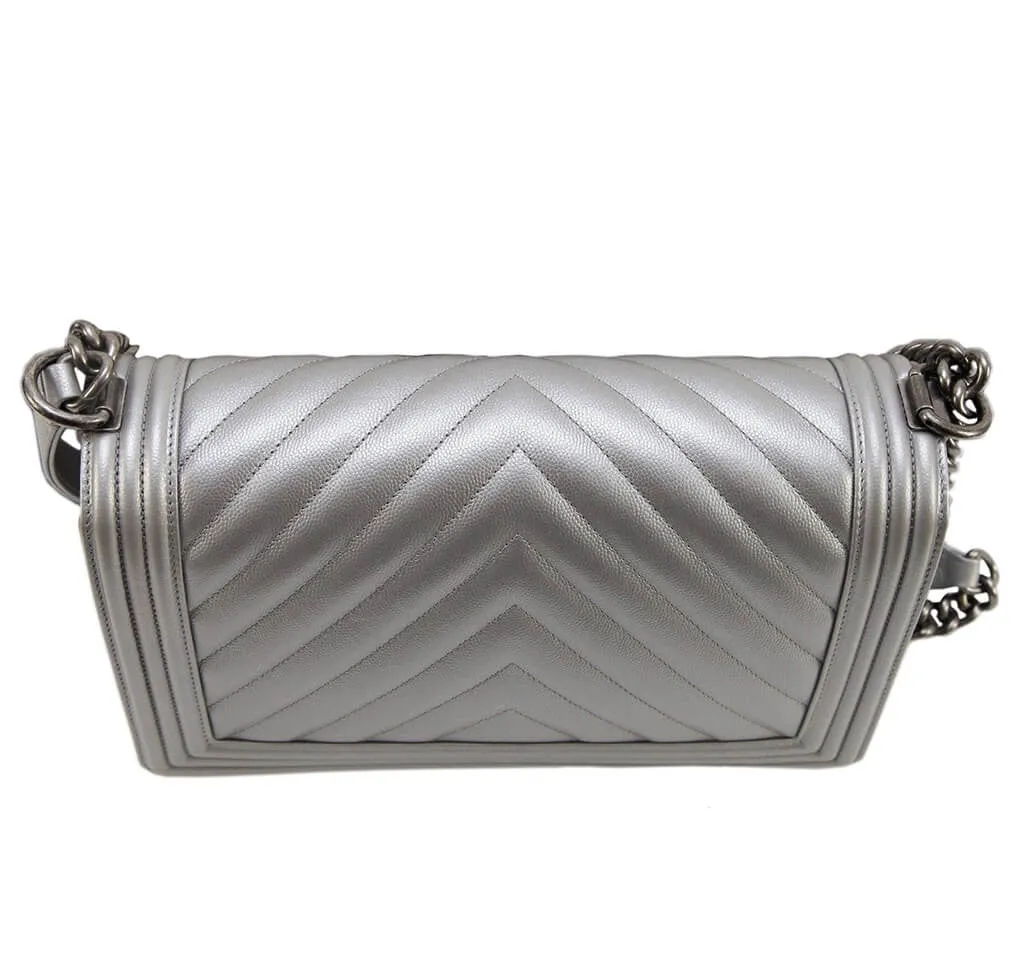 Chanel Metallic Grey Silver Boy Bag Caviar Leather