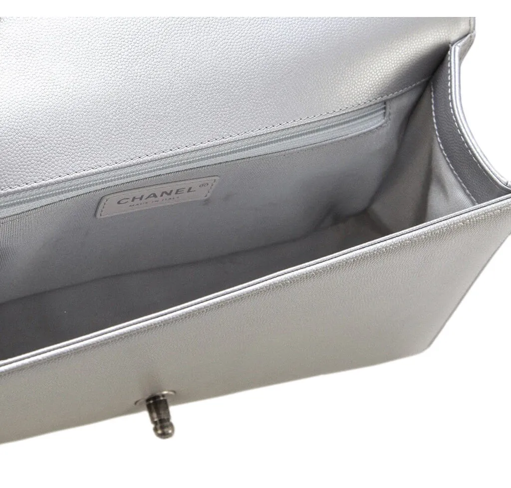 Chanel Metallic Grey Silver Boy Bag Caviar Leather