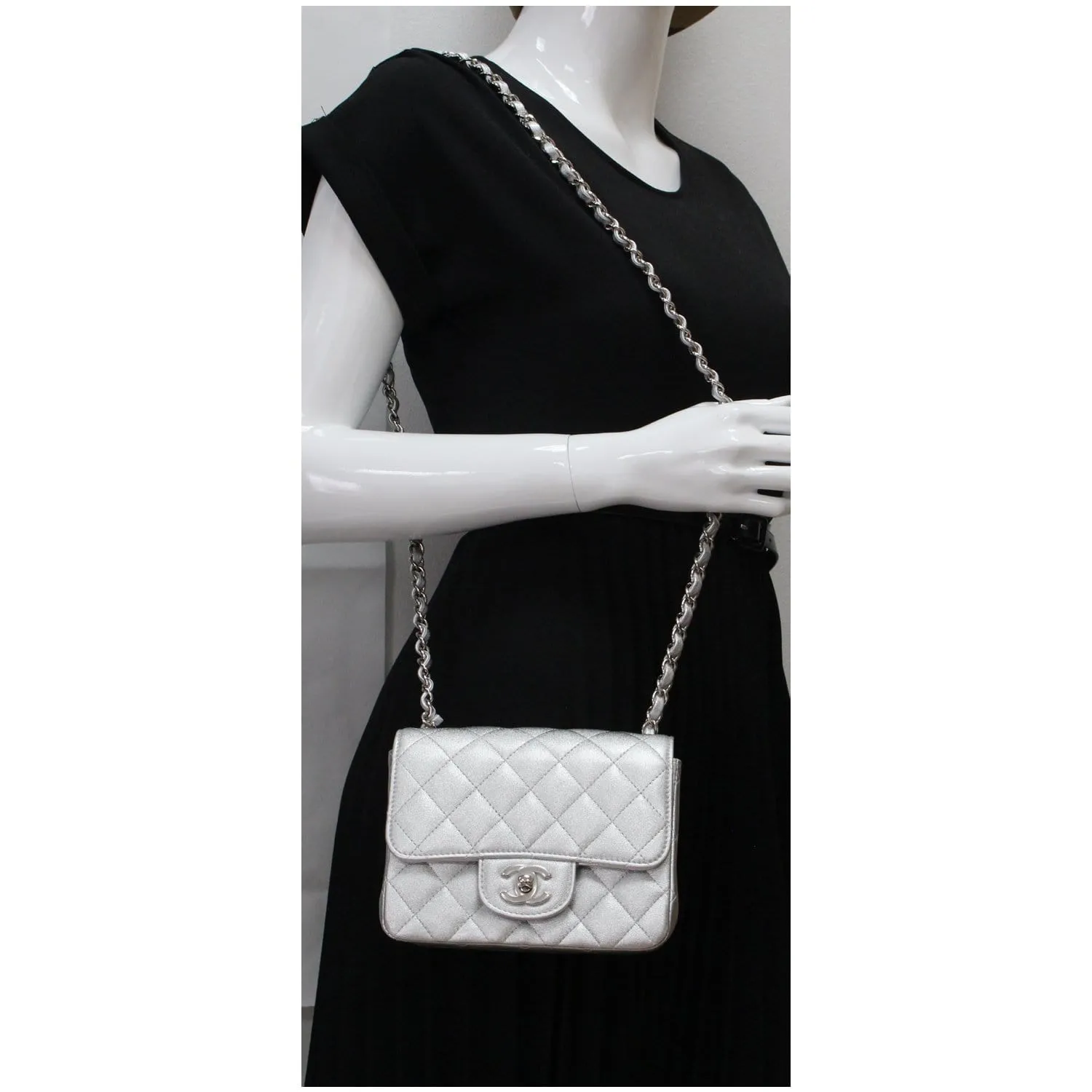 CHANEL Mini Square Flap Quilted Leather Shoulder Bag Metallic Silver