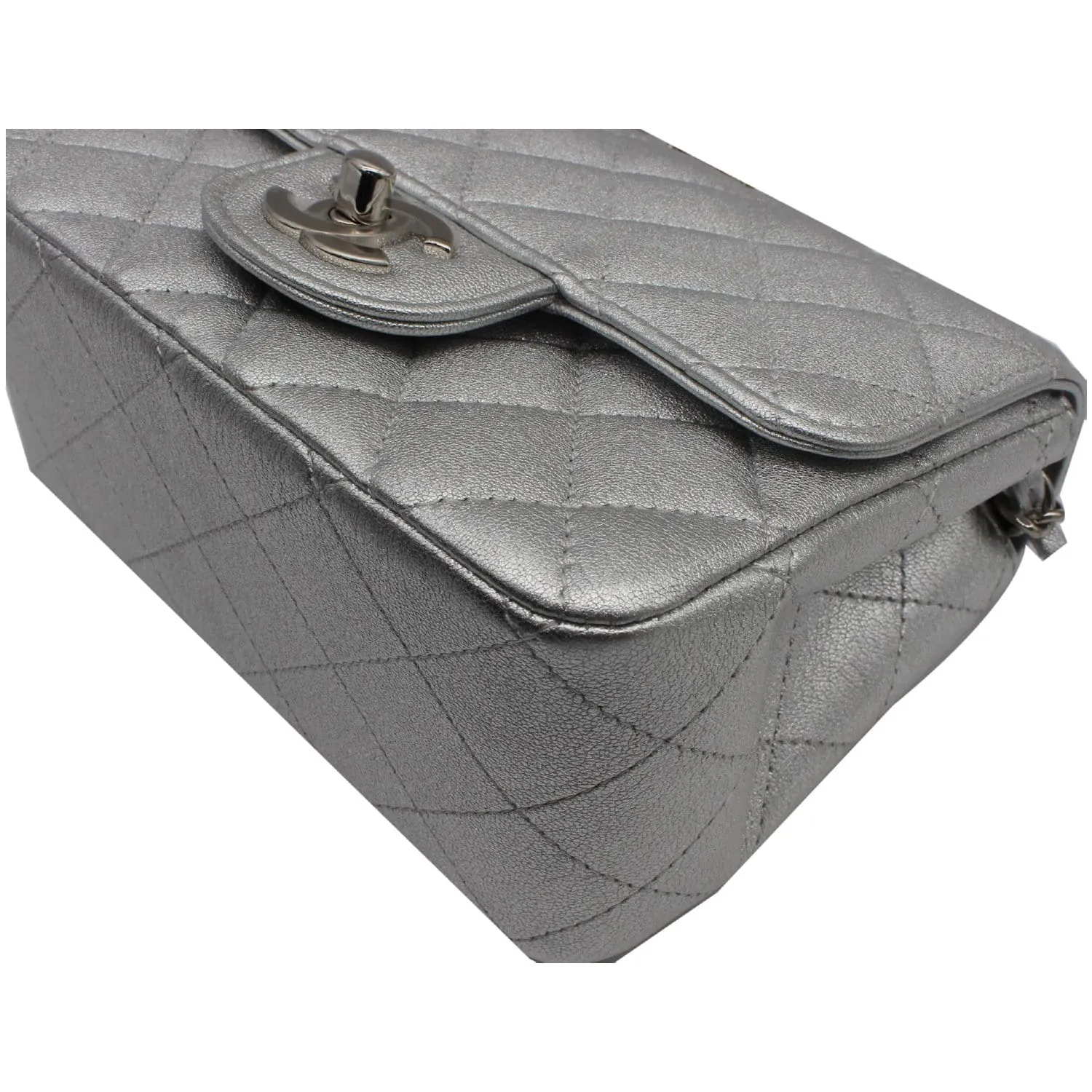 CHANEL Mini Square Flap Quilted Leather Shoulder Bag Metallic Silver
