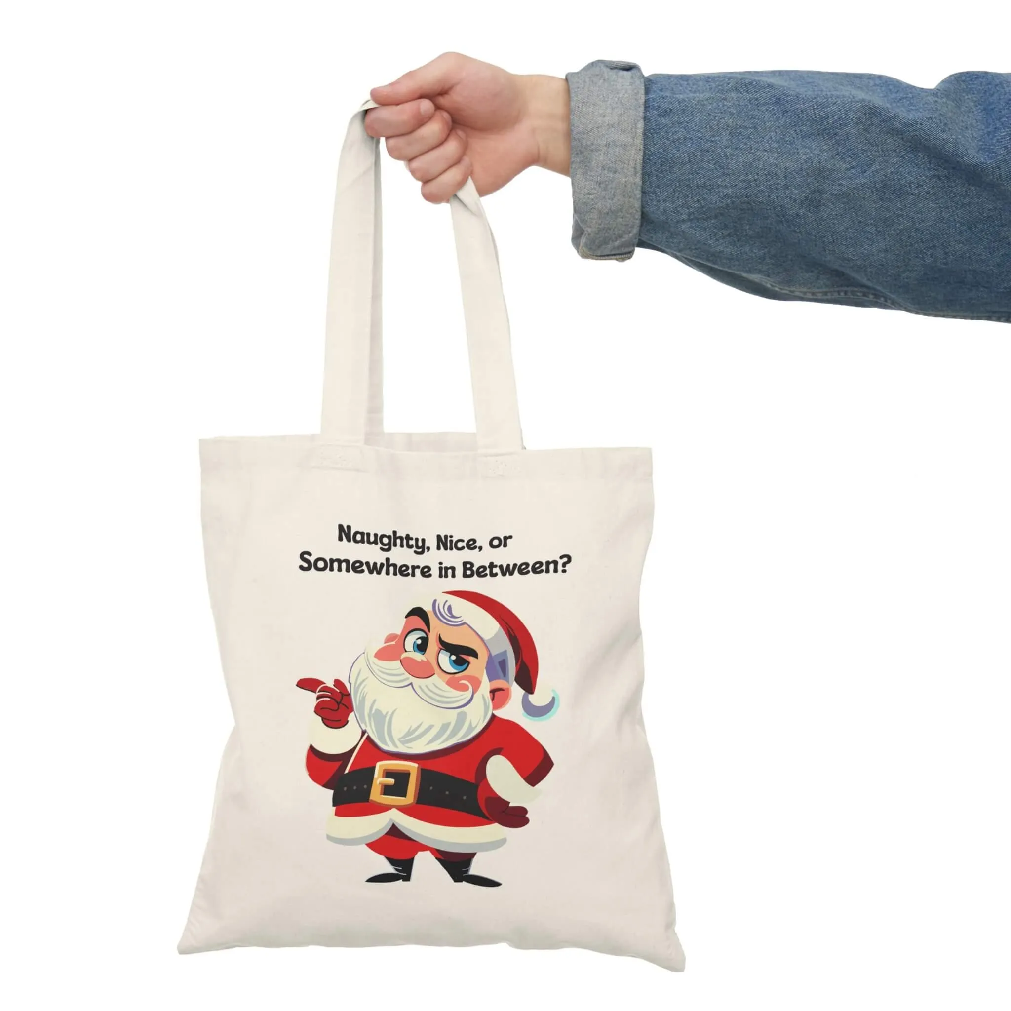 Cheeky Santa Tote Bag – Naughty, Nice, or In-Between? Funny Eco Christmas Bag – Recycled Cotton Holiday Shopper – Festive Gift Idea
