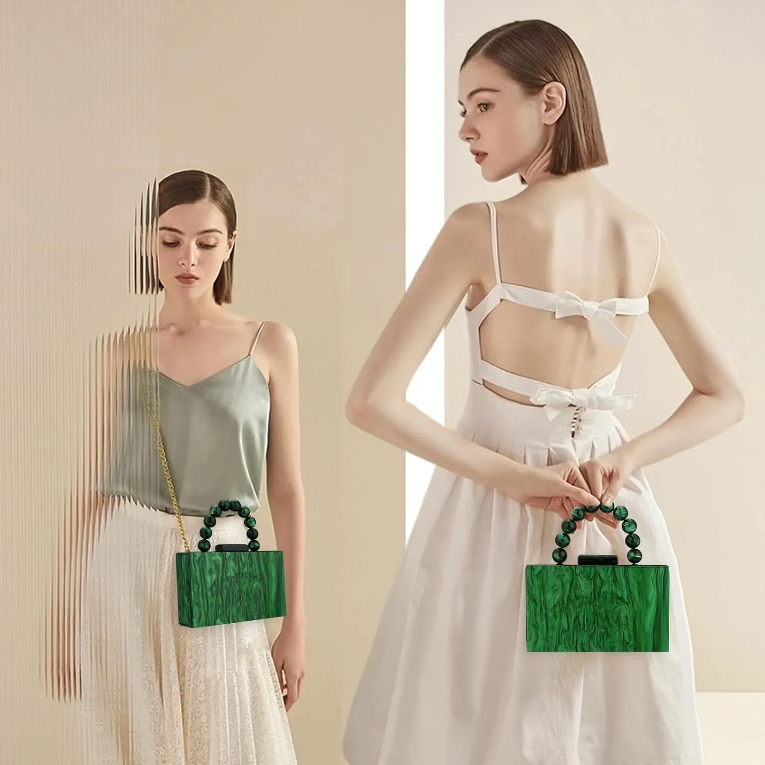 Evening Clutch Bag, Marbling for Women CrossBody Bag with Pearl Chain