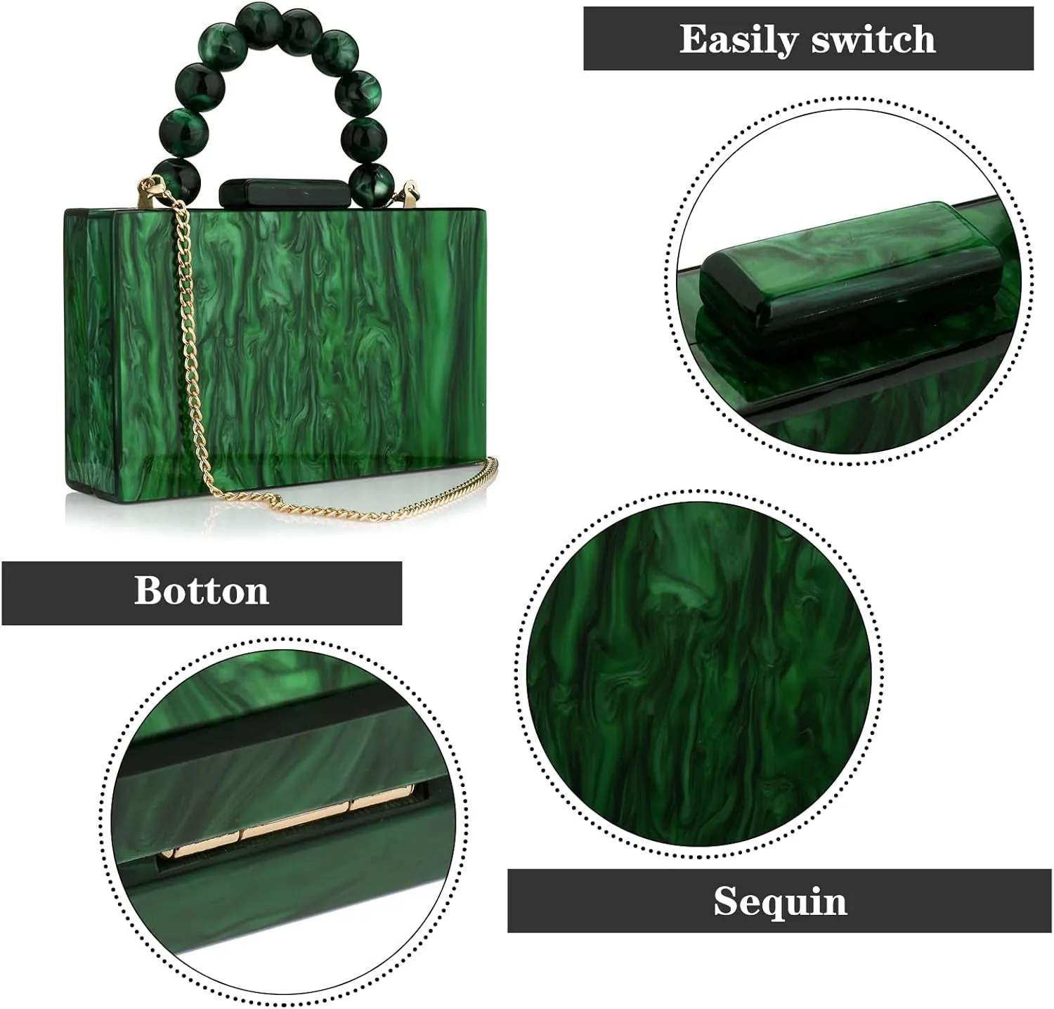 Evening Clutch Bag, Marbling for Women CrossBody Bag with Pearl Chain
