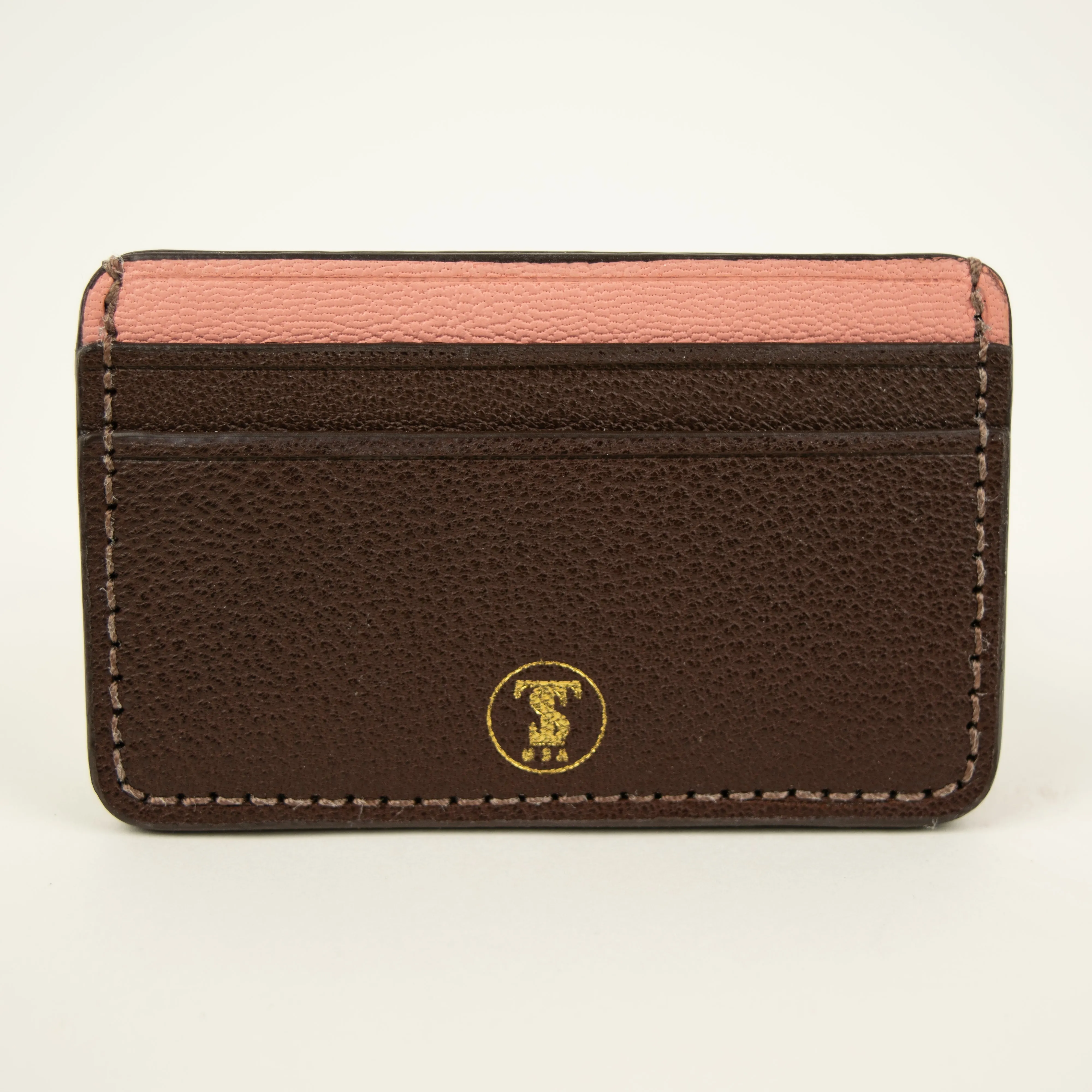 French Chèvre Leather Card Case - Limited Edition in Coral and Brown