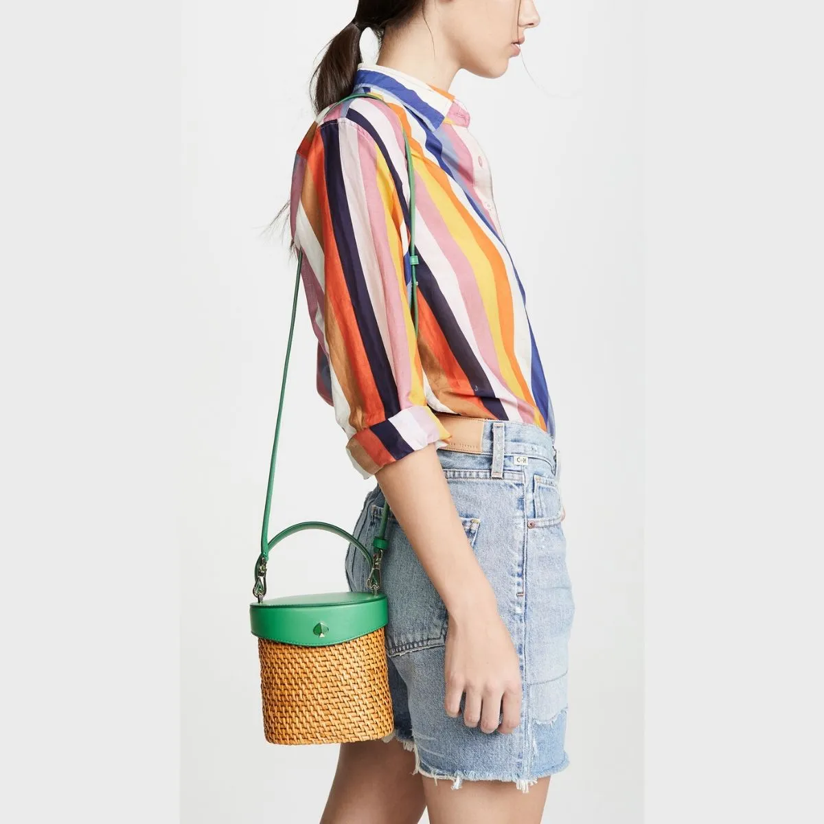 Green Mini Rose Rattan Bucket Bag