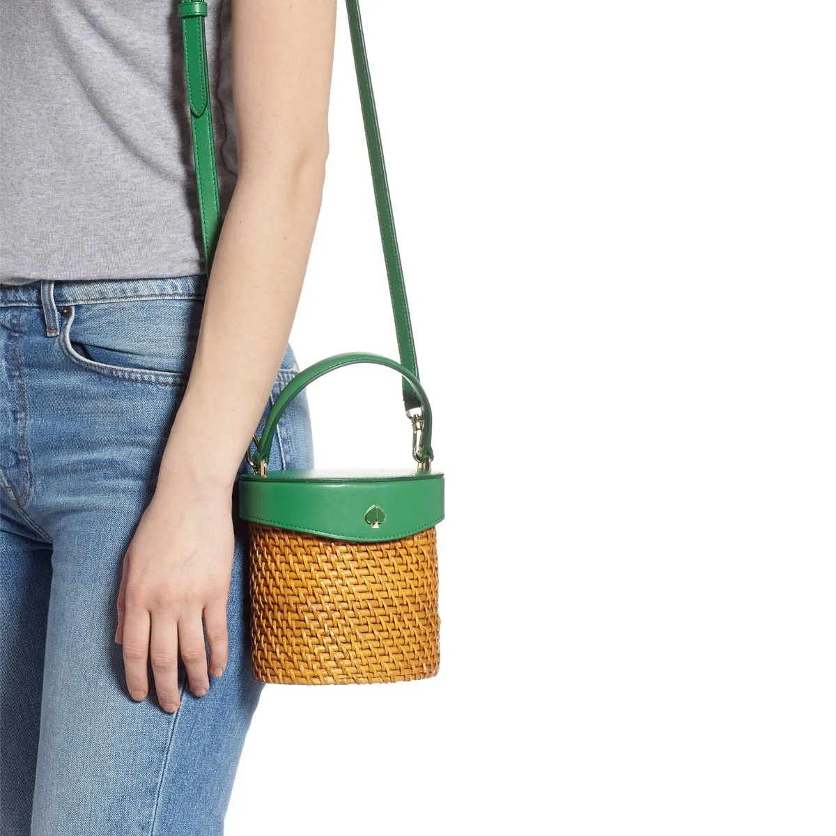 Green Mini Rose Rattan Bucket Bag