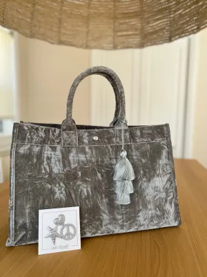 Grey Velvet East West Bag   FREE Silver Tassel   FREE Silver Jewelry Pins