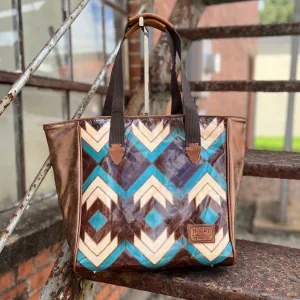 HOOEY  "MONTEZUMA" BROWN/TURQUOISE AZTEC PATTERN CLASSIC TOTE PURSE