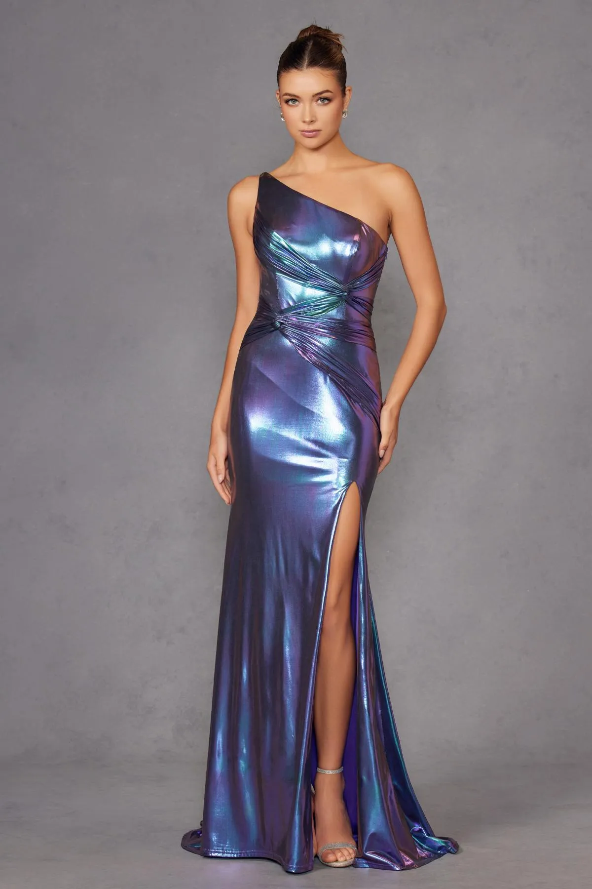 Juliet JT2910H Long Metallic Fitted One Shoulder Prom Gown