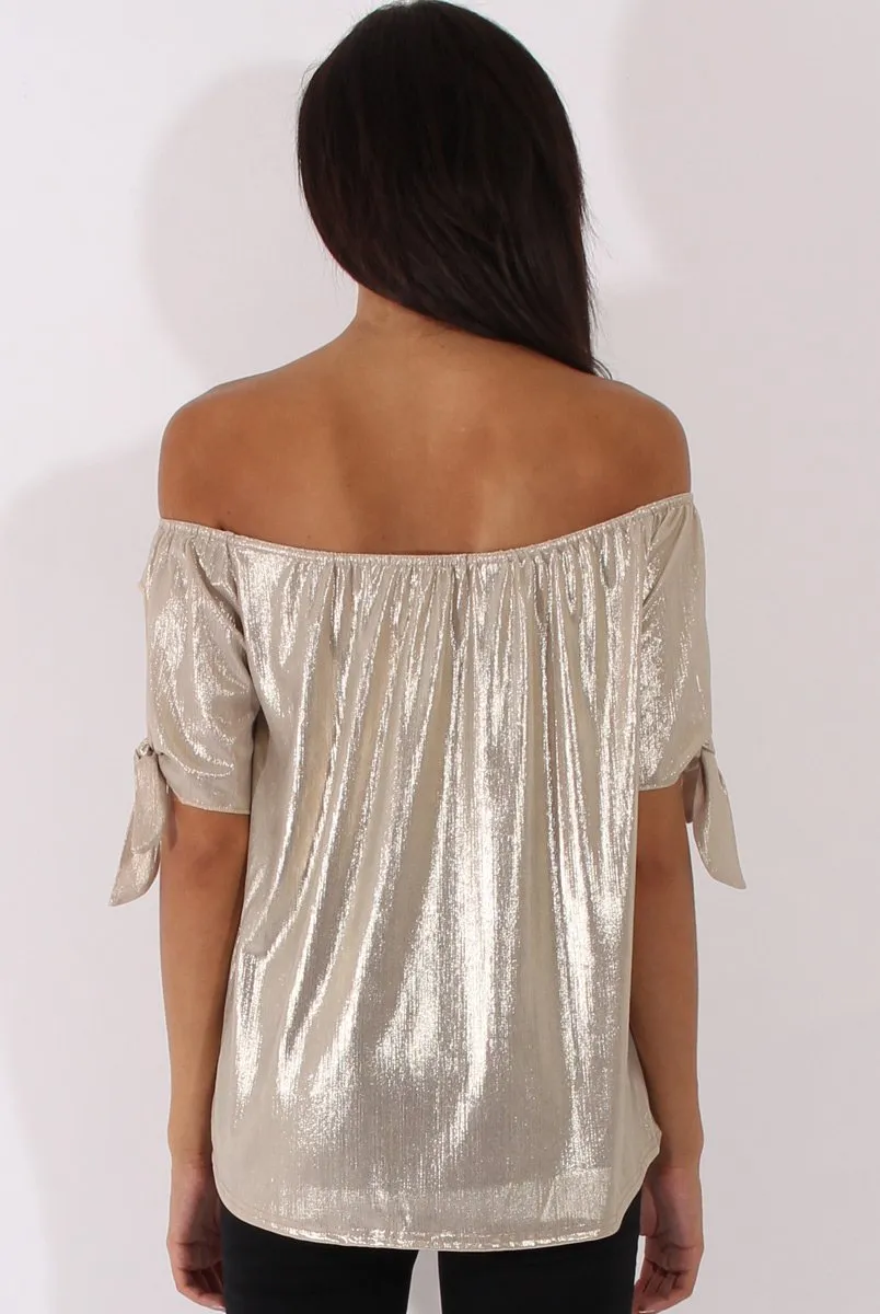 Light Gold Metallic Bardot Cold Shoulder Top - Aiko
