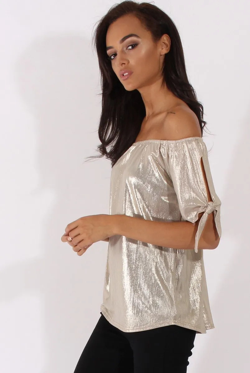 Light Gold Metallic Bardot Cold Shoulder Top - Aiko