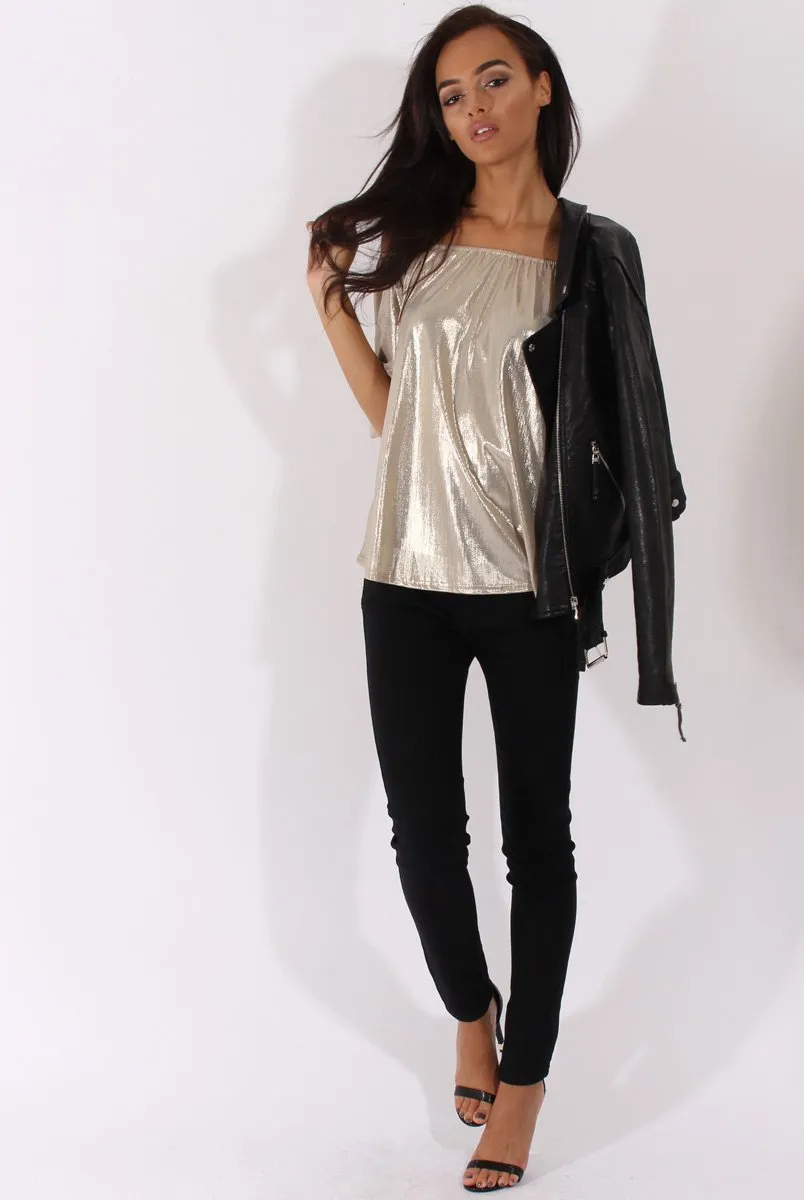 Light Gold Metallic Bardot Cold Shoulder Top - Aiko