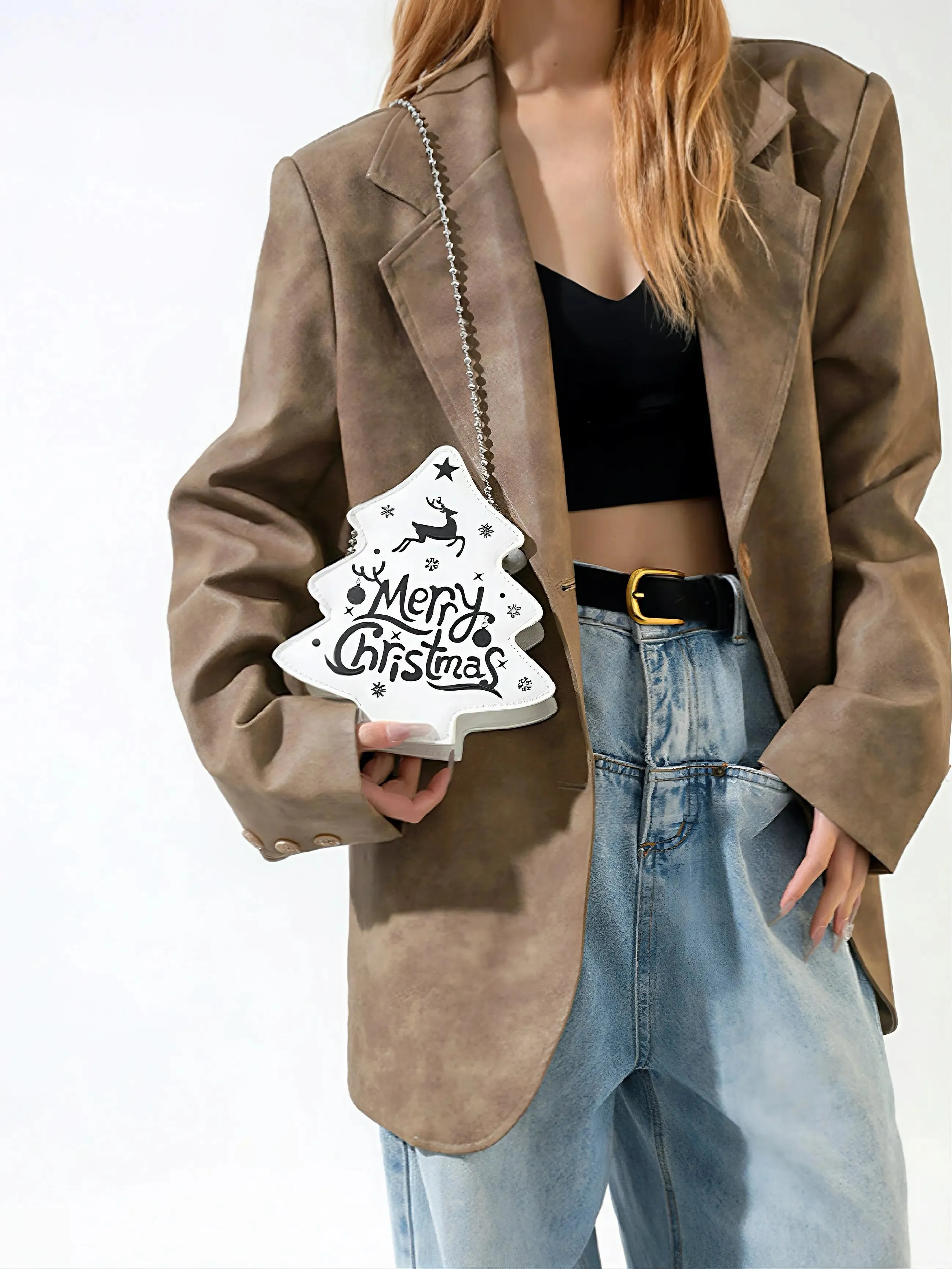 'Merry Christmas' Holiday Christmas Tree Shape Mini Crossbody Bag