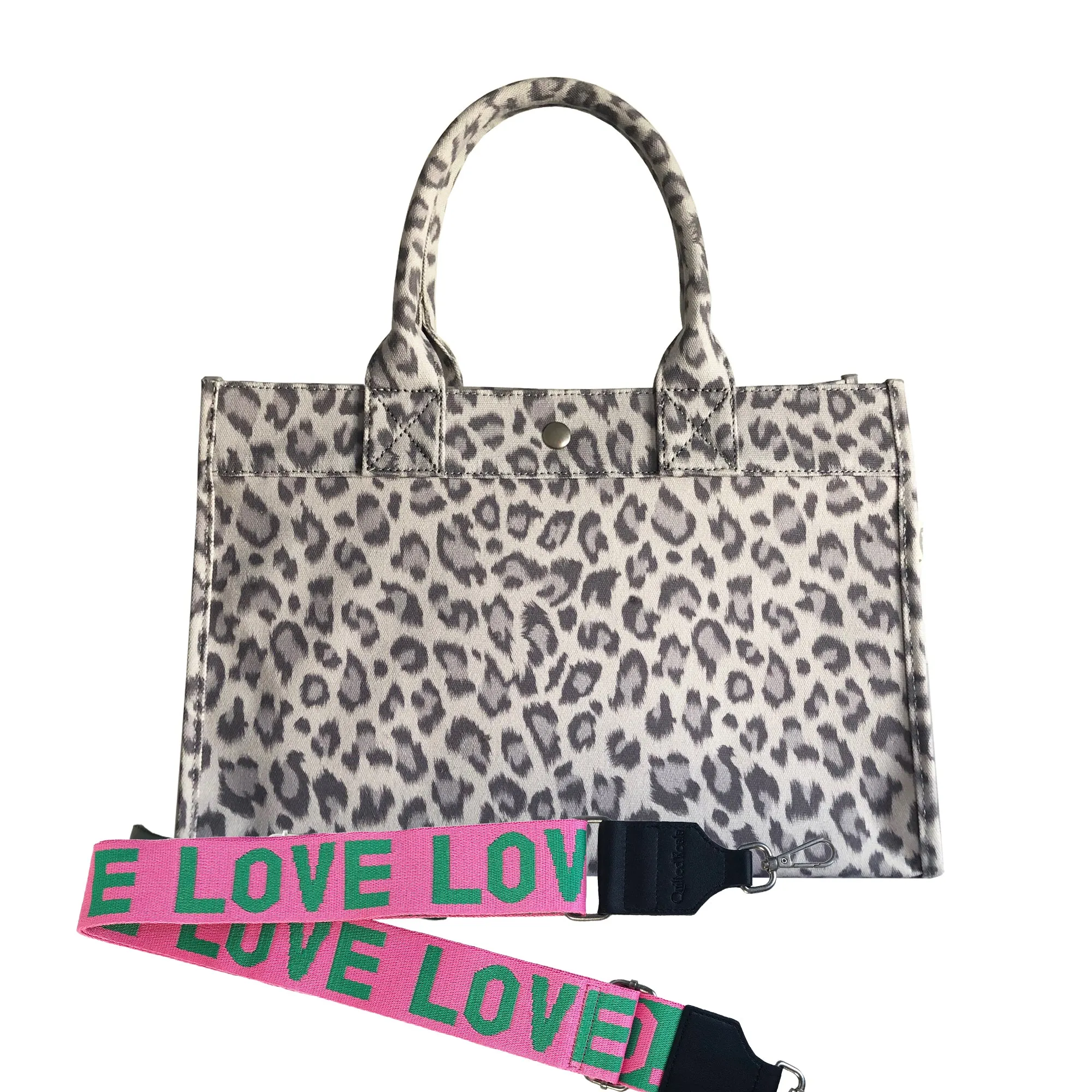 Monogram Stripe: Midi East West Bag- Grey Leopard