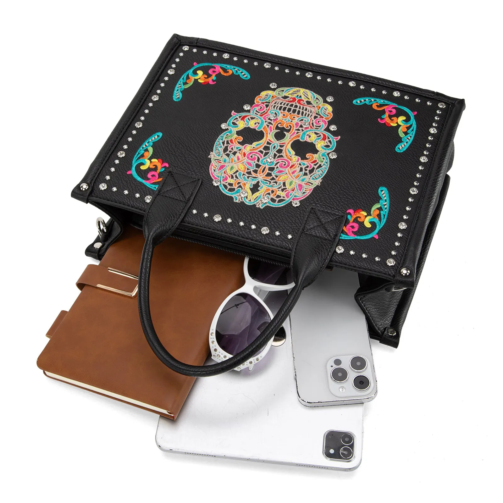 MW494G-H8120SW  Montana West Embroidered Sugar Skull Tote/Crossbody Wallet Set- Black-Multi