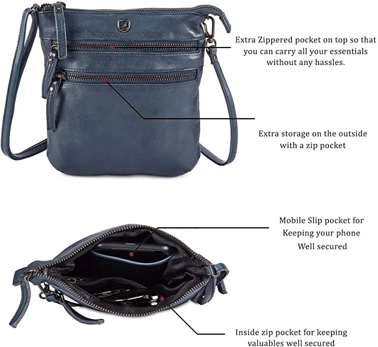 New with tags! COCHOA Genuine Leather Small Vintage Shoulder Bag with Triple Zipper in Ocean Blue!