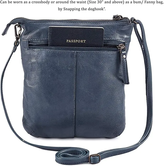 New with tags! COCHOA Genuine Leather Small Vintage Shoulder Bag with Triple Zipper in Ocean Blue!