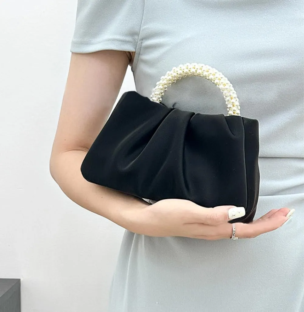Pearl Evening Bag for Women Leather Ruched Crossbody Bag