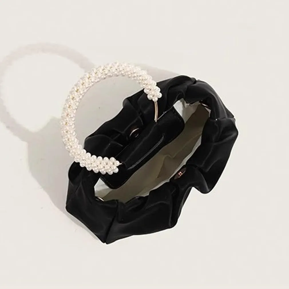 Pearl Evening Bag for Women Leather Ruched Crossbody Bag