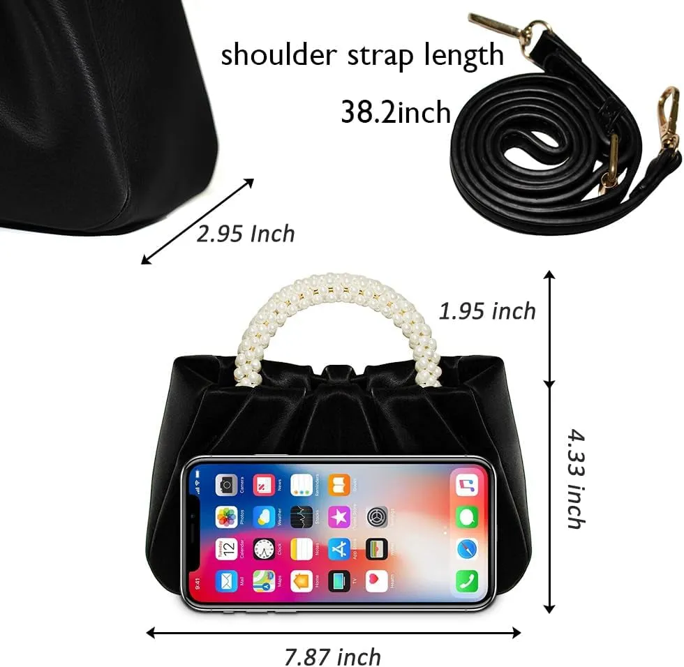 Pearl Evening Bag for Women Leather Ruched Crossbody Bag