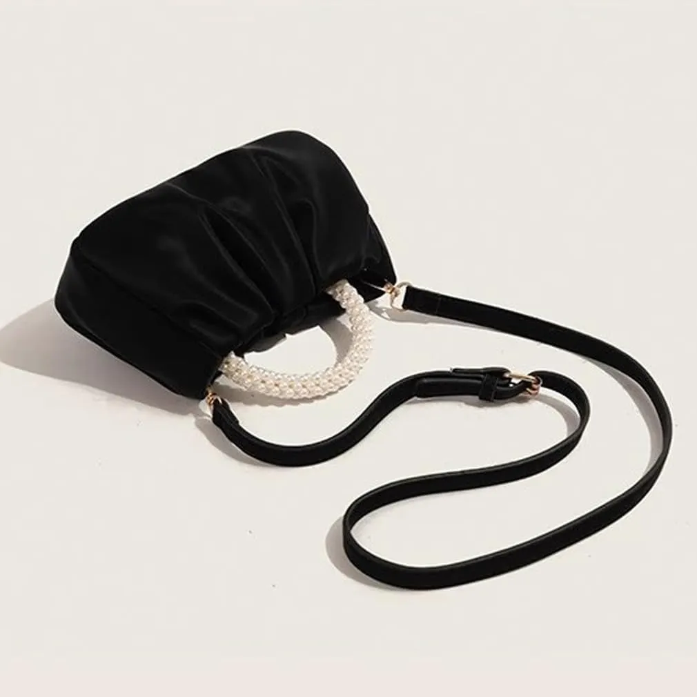 Pearl Evening Bag for Women Leather Ruched Crossbody Bag