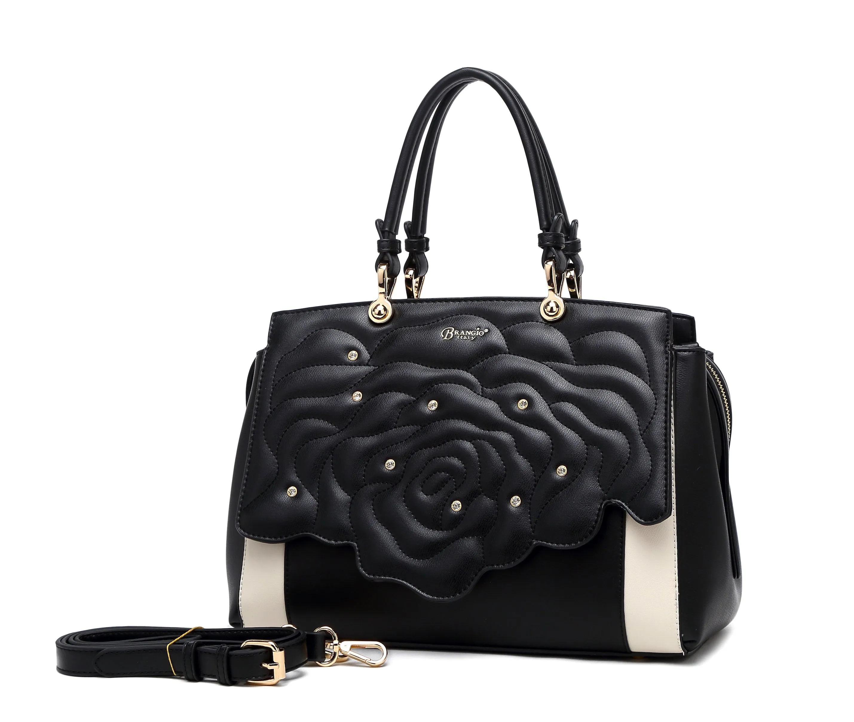 Rosette 3d Crystal Vegan Leather Metallic Handbag [RA8523]