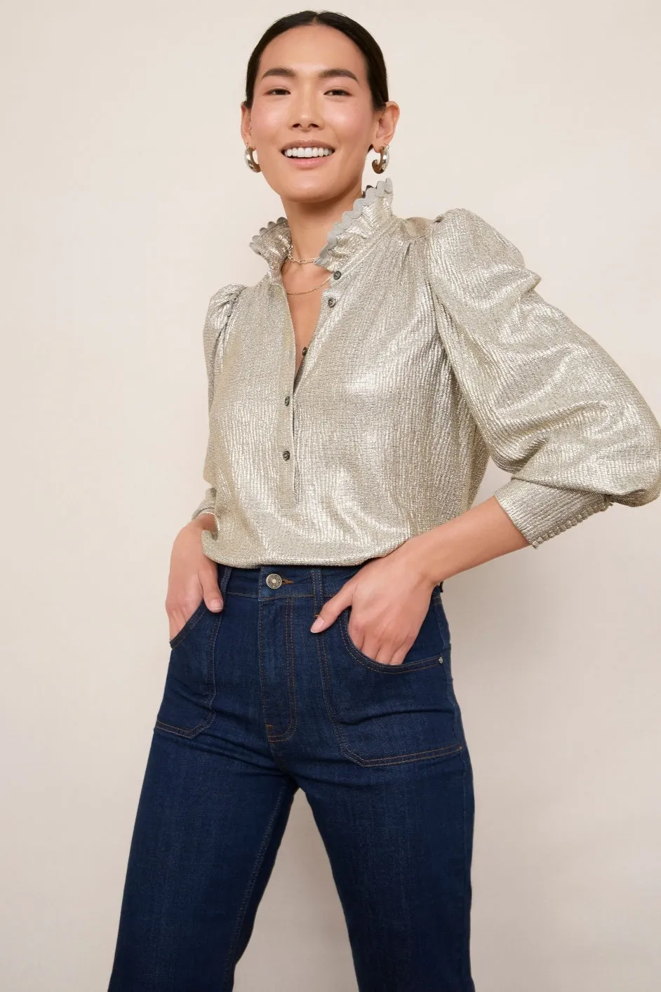 Sathony Metallic Frill Neck Top - Champagne