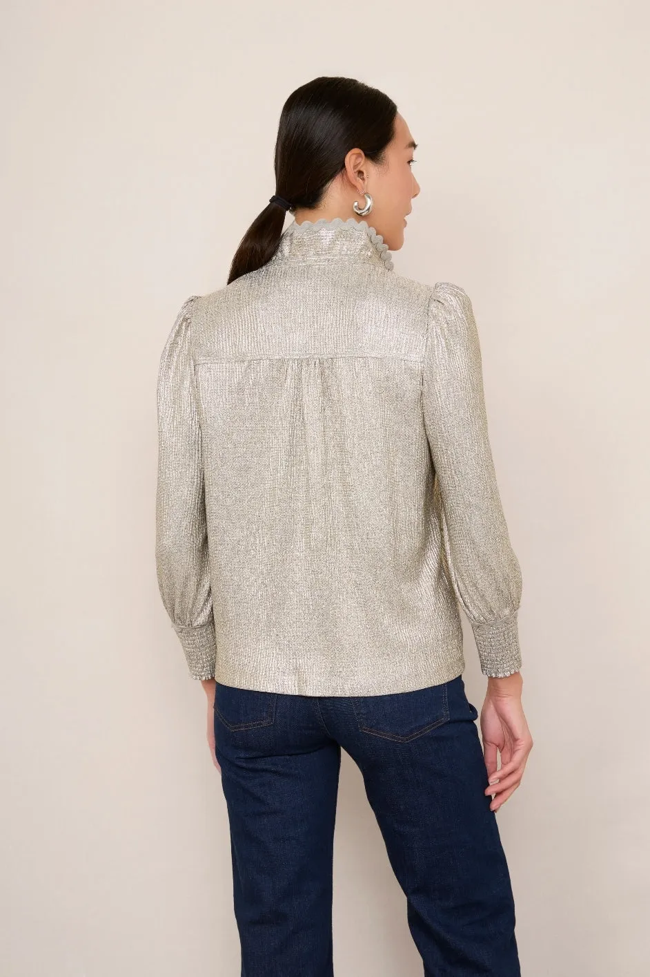 Sathony Metallic Frill Neck Top - Champagne