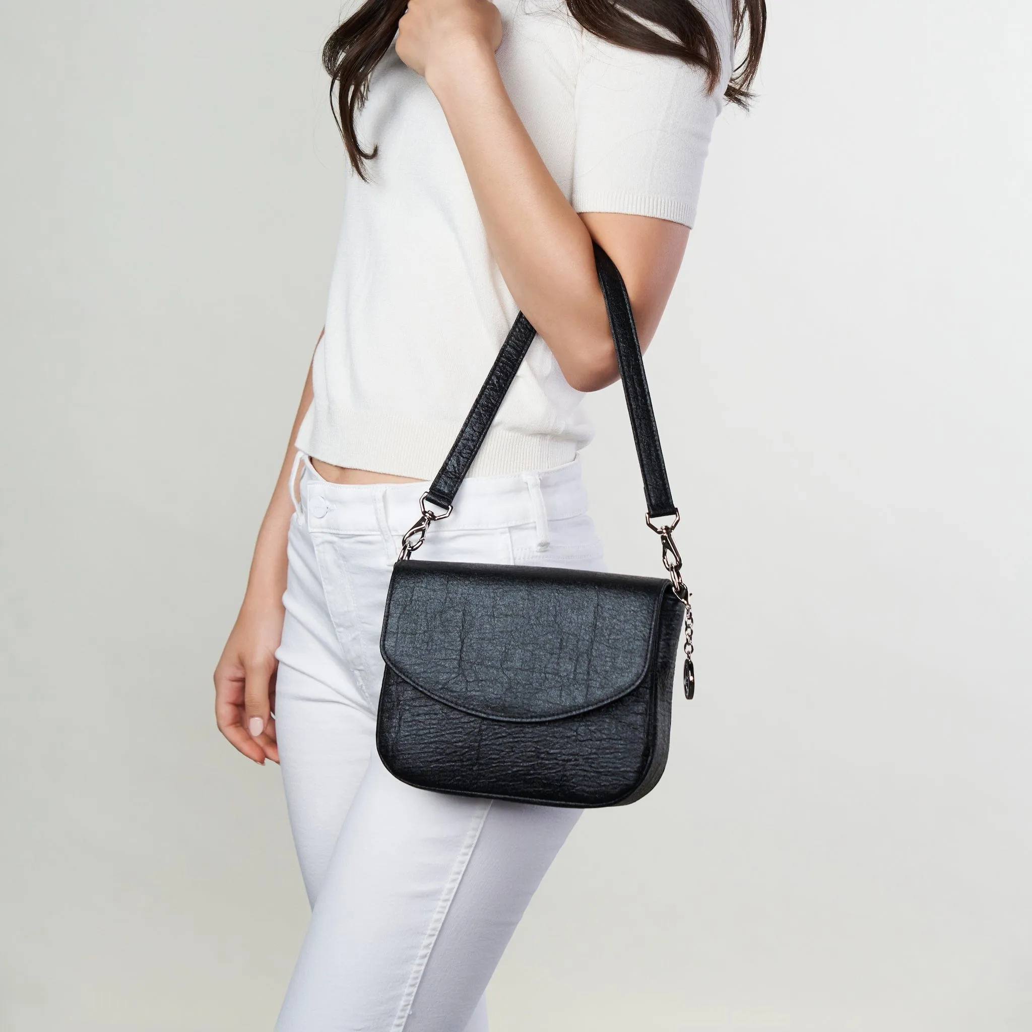 Tashi Pinatex® Vegan Leather Shoulder & Crossbody Bag | Metallic Black
