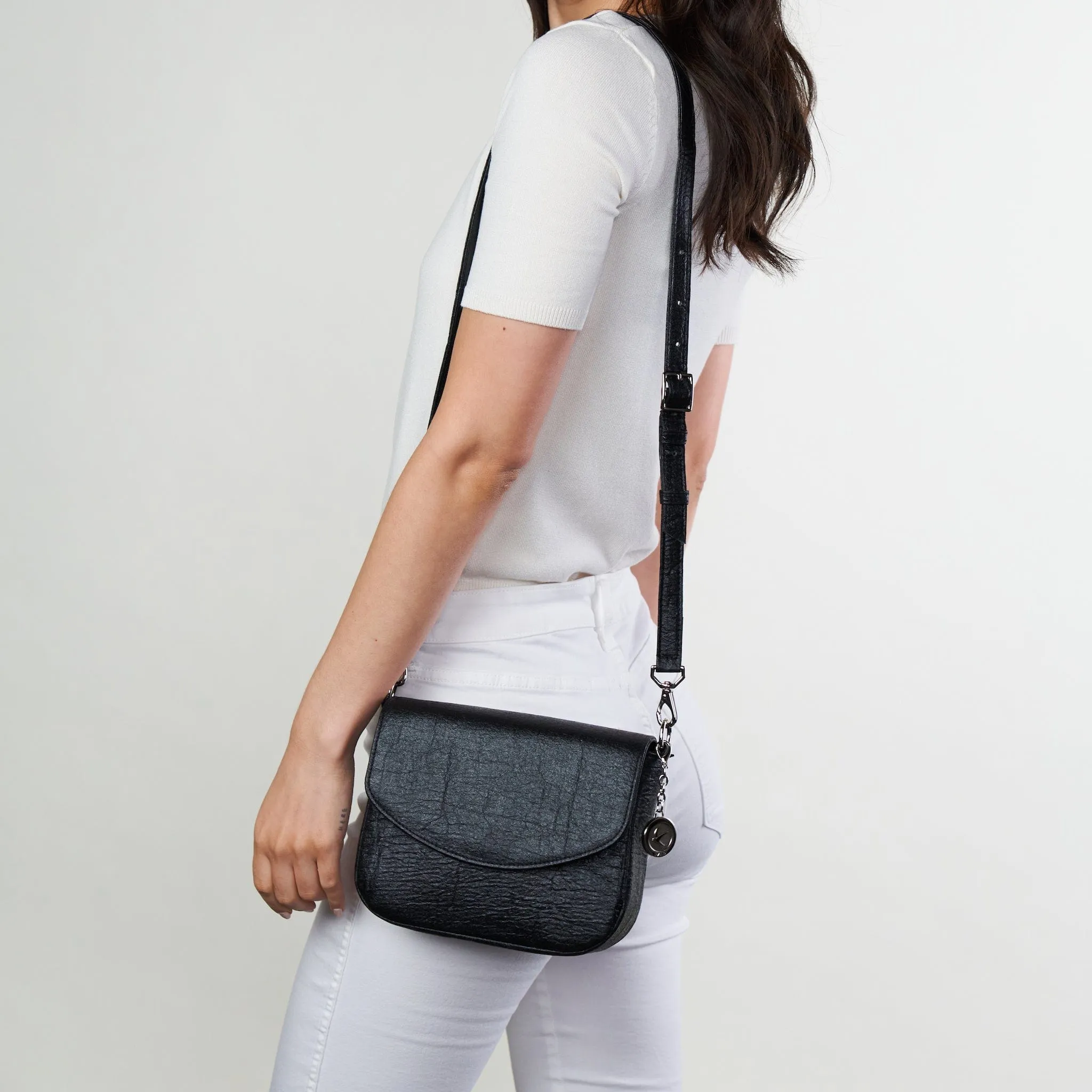 Tashi Pinatex® Vegan Leather Shoulder & Crossbody Bag | Metallic Black