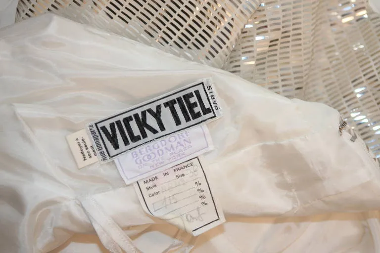 VICKY TIEL White Column Gown with Metallic Waist Detail 4-6