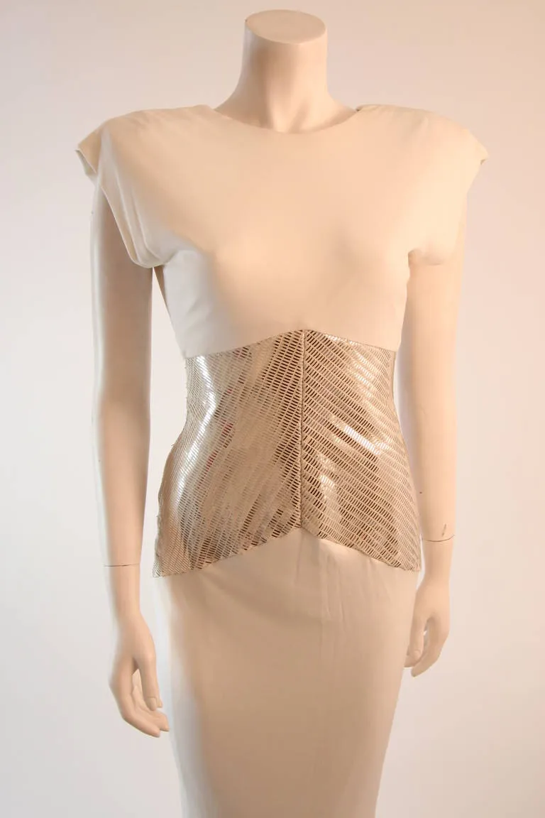VICKY TIEL White Column Gown with Metallic Waist Detail 4-6