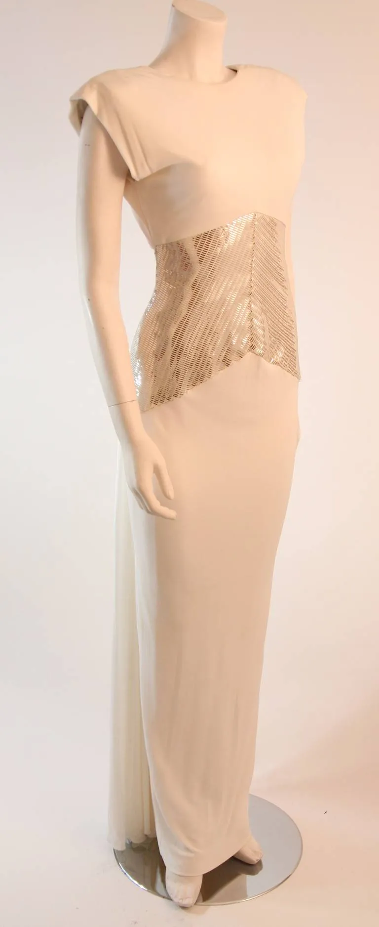 VICKY TIEL White Column Gown with Metallic Waist Detail 4-6
